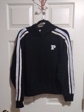 PINK Victoria's Secret Black Hoodie with Sleeve Stripes Med 🆕